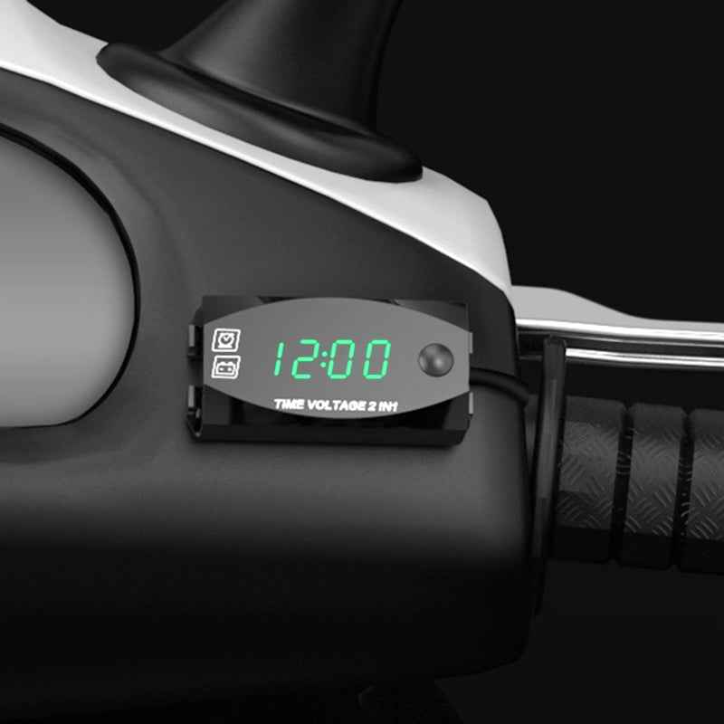 Motorcycle-Multi-functional-2-in-1-Digital-Display-Voltmeter-+-Electronic-Clock,-6-30V-IP67-(Green-Light)