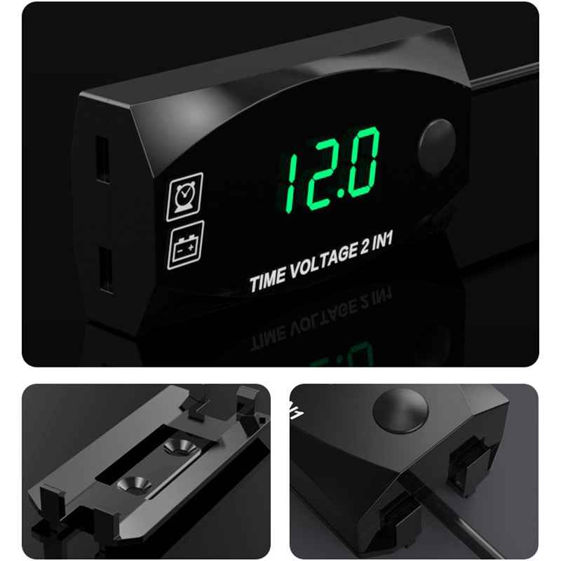 Motorcycle-Multi-functional-2-in-1-Digital-Display-Voltmeter-+-Electronic-Clock,-6-30V-IP67-(Green-Light)