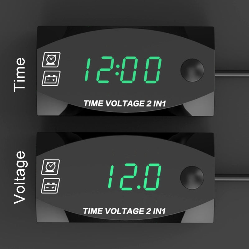 Motorcycle-Multi-functional-2-in-1-Digital-Display-Voltmeter-+-Electronic-Clock,-6-30V-IP67-(Green-Light)