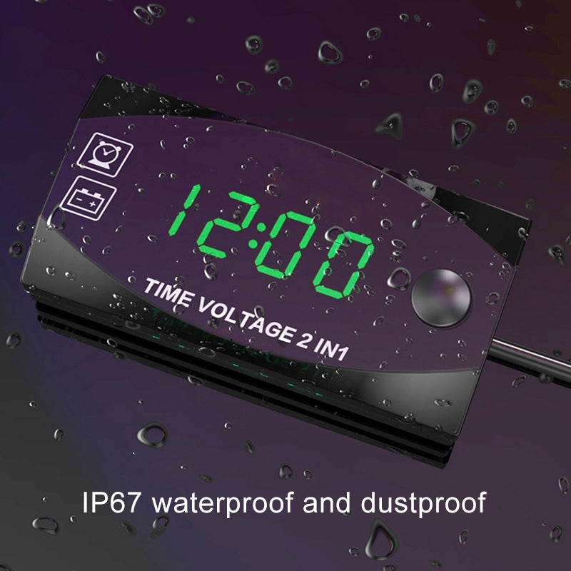 Motorcycle-Multi-functional-2-in-1-Digital-Display-Voltmeter-+-Electronic-Clock,-6-30V-IP67-(Green-Light)