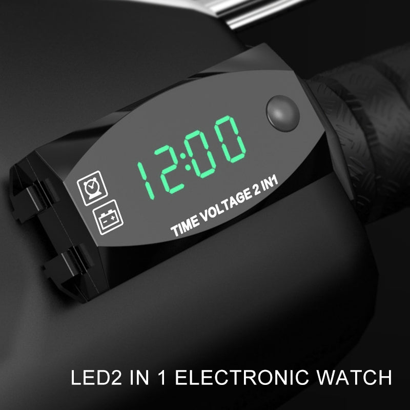 Motorcycle-Multi-functional-2-in-1-Digital-Display-Voltmeter-+-Electronic-Clock,-6-30V-IP67-(Green-Light)