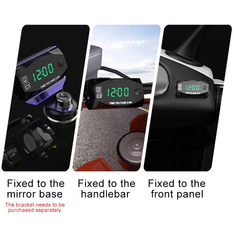 Motorcycle-Multi-functional-2-in-1-Digital-Display-Voltmeter-+-Electronic-Clock,-6-30V-IP67-(Green-Light)