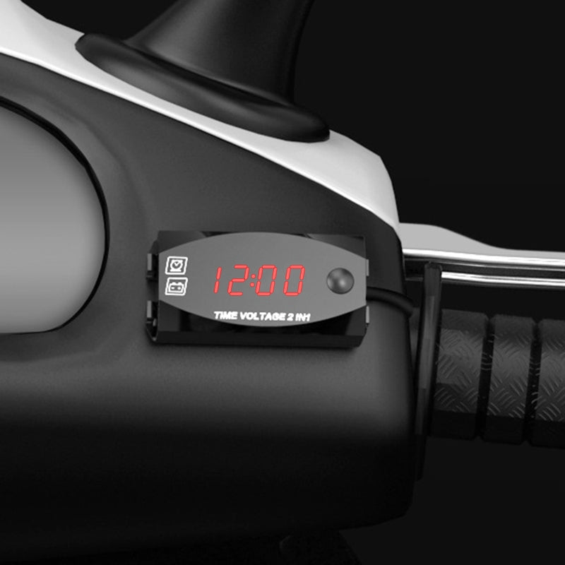 Motorcycle-Multi-functional-2-in-1-Digital-Display-Voltmeter-+-Electronic-Clock,-6-30V-IP67-(Red-Light)