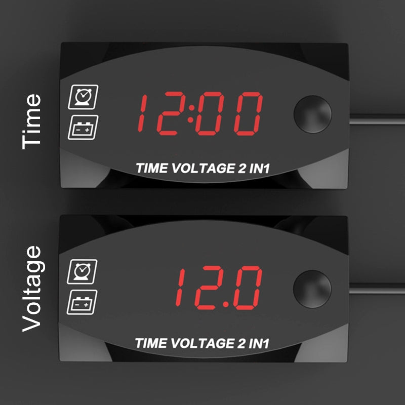 Motorcycle-Multi-functional-2-in-1-Digital-Display-Voltmeter-+-Electronic-Clock,-6-30V-IP67-(Red-Light)