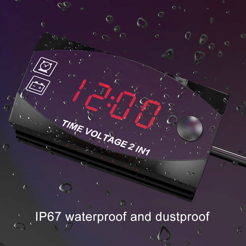 Motorcycle-Multi-functional-2-in-1-Digital-Display-Voltmeter-+-Electronic-Clock,-6-30V-IP67-(Red-Light)