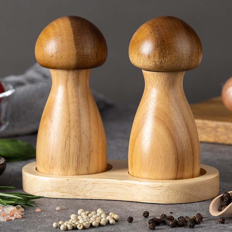 Mushroom-Shaped-Pepper-Grinder-Wooden-Kitchen-Grinding-Tool,-Spec:-Double+Base