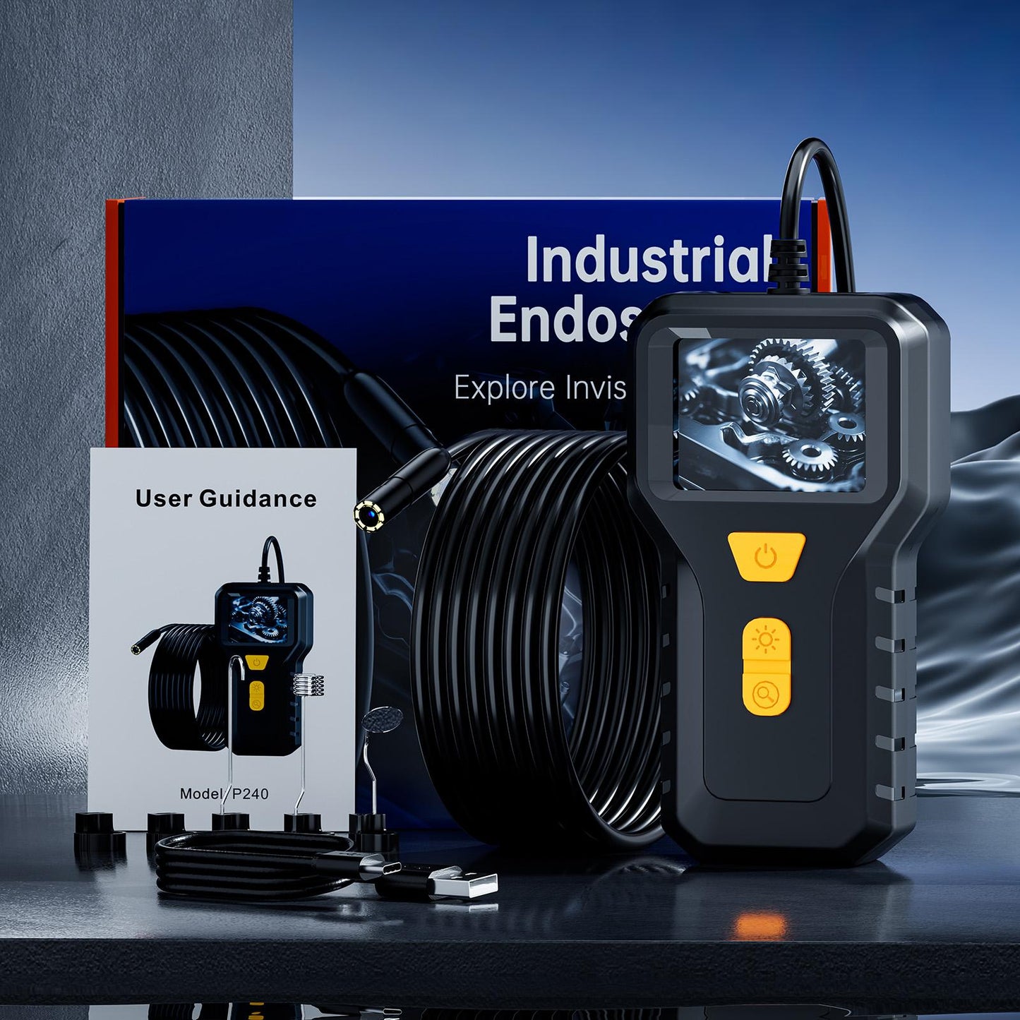 P240-2-inch-HD-Screen-Industrial-Endoscope,-Model:8mm-Single-Lens-/-5m