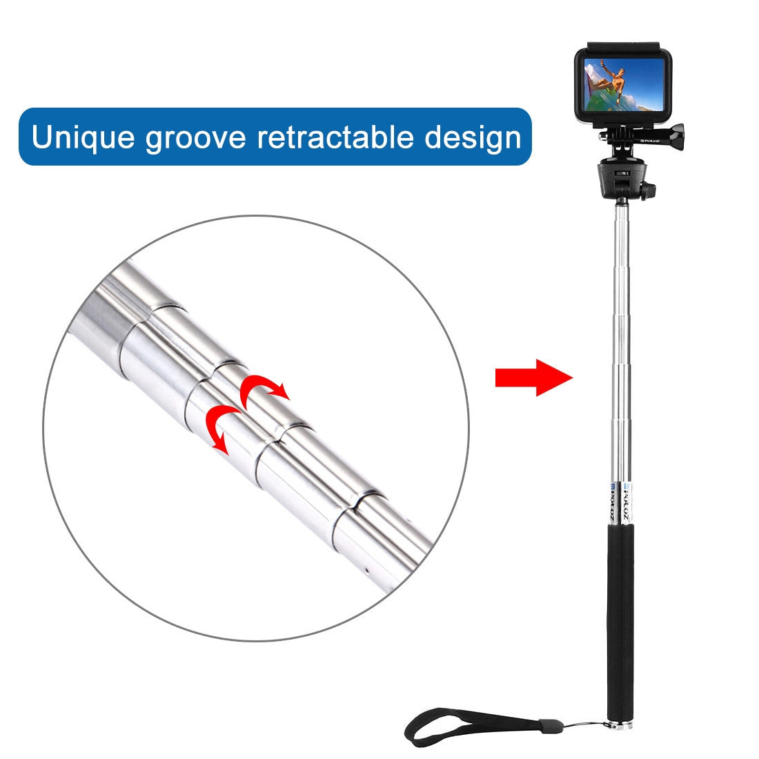 PULUZ-Extendable-Handheld-Selfie-Monopod-for-GoPro,-Insta360,-DJI-and-Other-Action-Cameras,-Length:-22.5-80cm