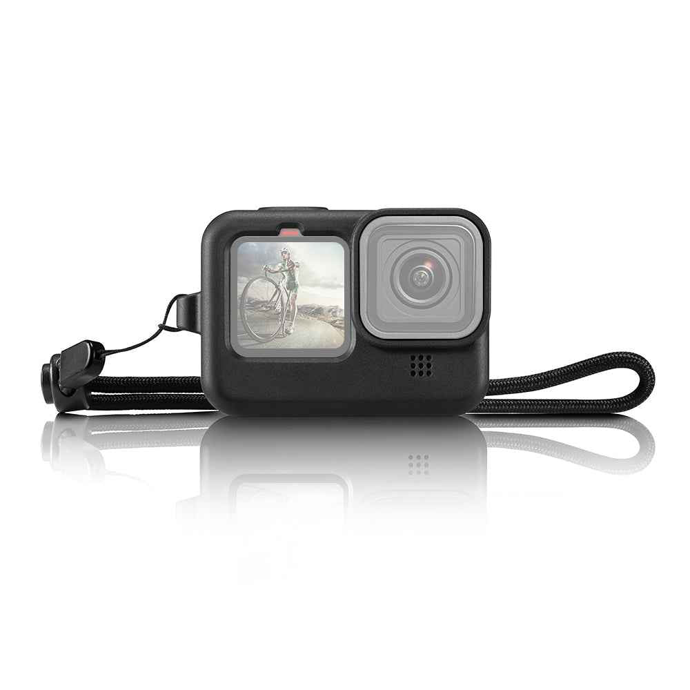 PULUZ-for-GoPro-HERO12-Black-/11-Black-/10-Black-/9-Black-Silicone-Protective-Case-Cover-with-Wrist-Strap-&-Lens-Cover(Black)