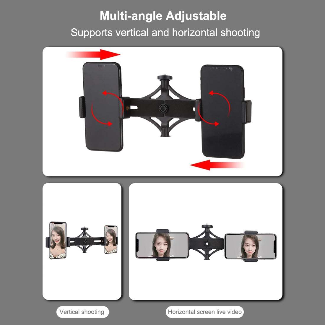 PULUZ-Live-Broadcast-Dual-Phone-Brackets-Horizontal-Holder-for-iPhone,-Galaxy,-Huawei,-Xiaomi,-Sony-and-Other-Smart-Phones(Black)