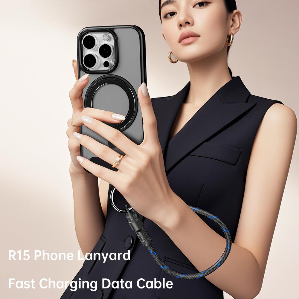 ROCK-R15-Type-C-to-8-Pin-27W-Phone-Lanyard-Fast-Charging-Zinc-Alloy-Data-Cable,-Length:30cm(Black)