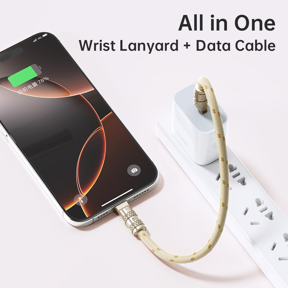 ROCK-R15-Type-C-to-8-Pin-27W-Phone-Lanyard-Fast-Charging-Zinc-Alloy-Data-Cable,-Length:30cm(Black)
