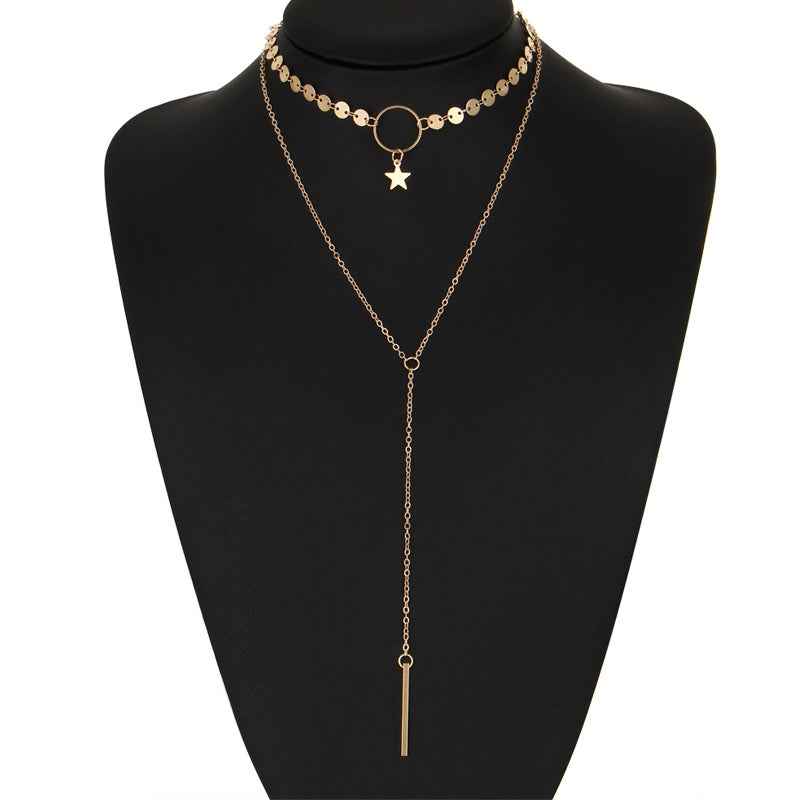 Simple-Sexy-Handmade-Sequins-Star-Tassels-Circle-Clavicle-Chain-Long-Pendant-Double-layer-Chain(Gold)