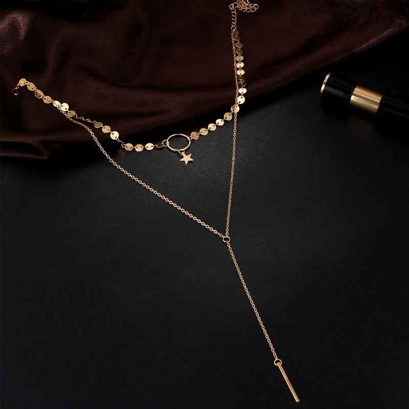 Simple-Sexy-Handmade-Sequins-Star-Tassels-Circle-Clavicle-Chain-Long-Pendant-Double-layer-Chain(Gold)