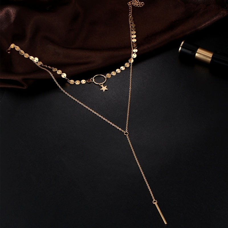 Simple-Sexy-Handmade-Sequins-Star-Tassels-Circle-Clavicle-Chain-Long-Pendant-Double-layer-Chain(Gold)