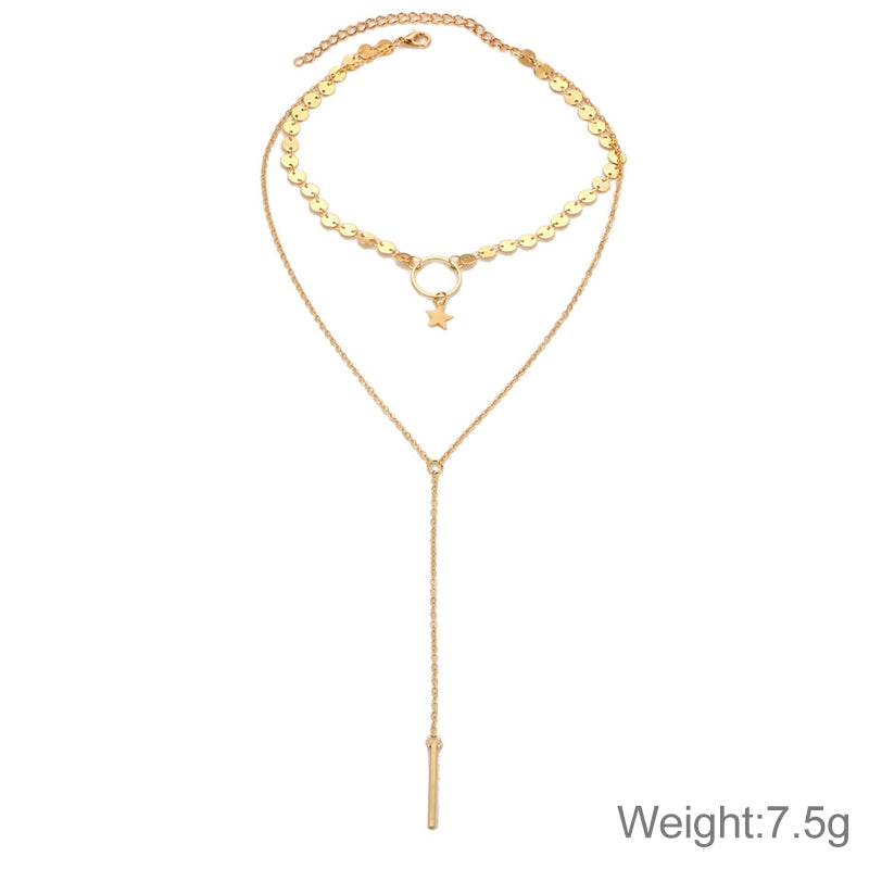 Simple-Sexy-Handmade-Sequins-Star-Tassels-Circle-Clavicle-Chain-Long-Pendant-Double-layer-Chain(Gold)