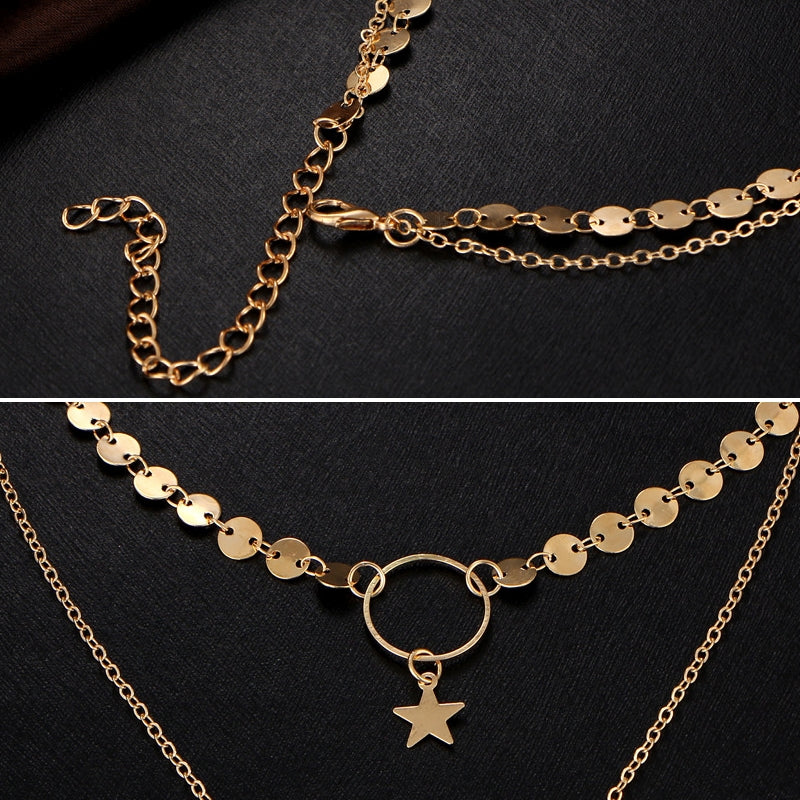 Simple-Sexy-Handmade-Sequins-Star-Tassels-Circle-Clavicle-Chain-Long-Pendant-Double-layer-Chain(Gold)