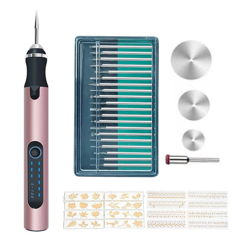 SNJ-3681-Mini-Engraving-Pen-Wireless-Polishing-Electric-Grinder,-Style:-Rose-Gold+Grinding-Head+Cutting-Blade+Carving-Stencil