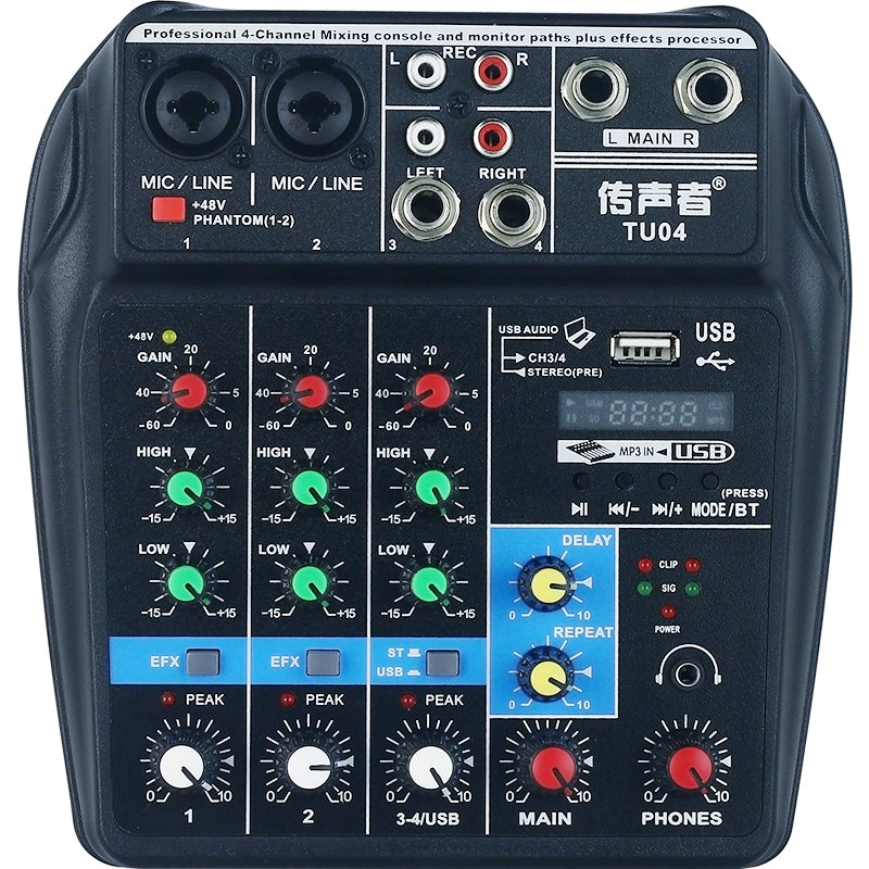 TU04-BT-Sound-Mixing-Console-Record-48V-Phantom-Power-Monitor-AUX-Paths-Plus-Effects-4-Channels-Audio-Mixer-with-USB(Black)