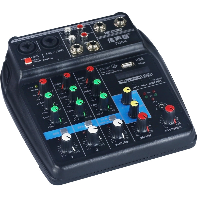 TU04-BT-Sound-Mixing-Console-Record-48V-Phantom-Power-Monitor-AUX-Paths-Plus-Effects-4-Channels-Audio-Mixer-with-USB(Black)