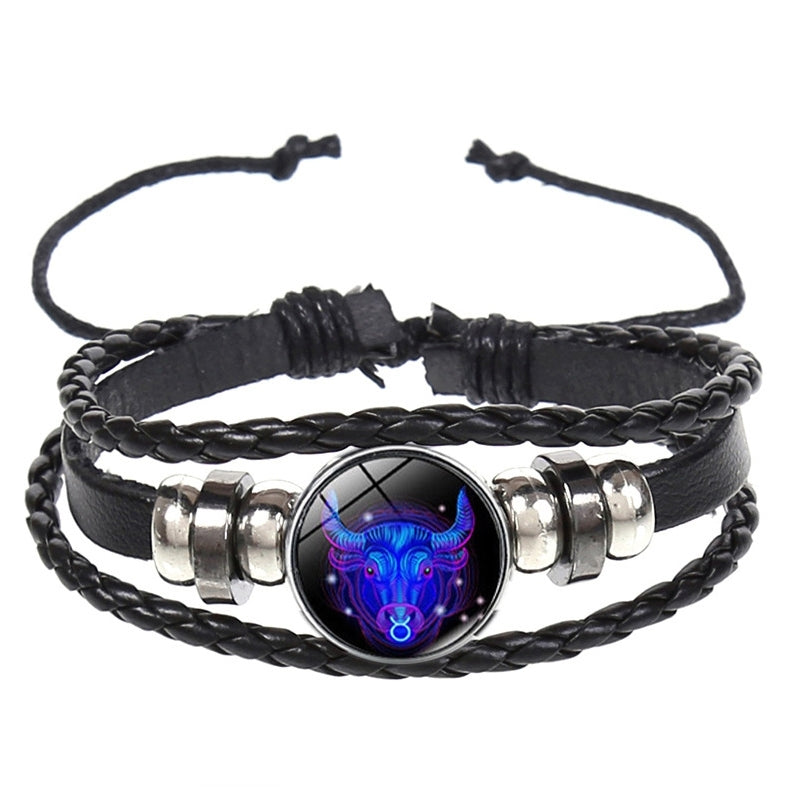 Twelve-Constellation-Luminous-Bracelet-Retro-Leather-Rope-Woven-Bracelet,-Style:-Taurus