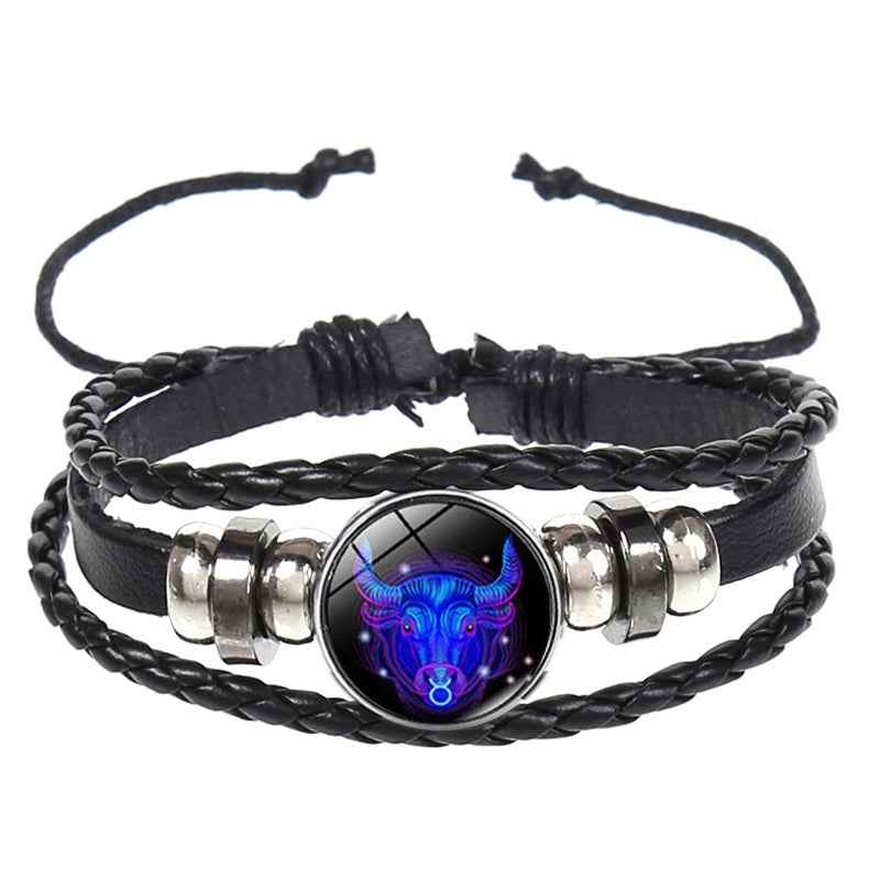 Twelve-Constellation-Luminous-Bracelet-Retro-Leather-Rope-Woven-Bracelet,-Style:-Taurus