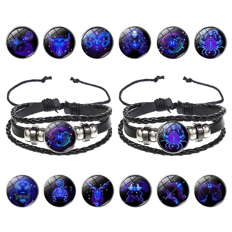 Twelve-Constellation-Luminous-Bracelet-Retro-Leather-Rope-Woven-Bracelet,-Style:-Taurus