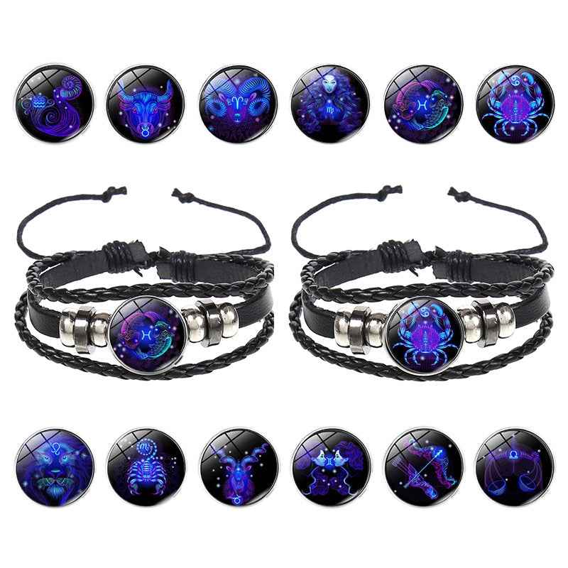 Twelve-Constellation-Luminous-Bracelet-Retro-Leather-Rope-Woven-Bracelet,-Style:-Taurus