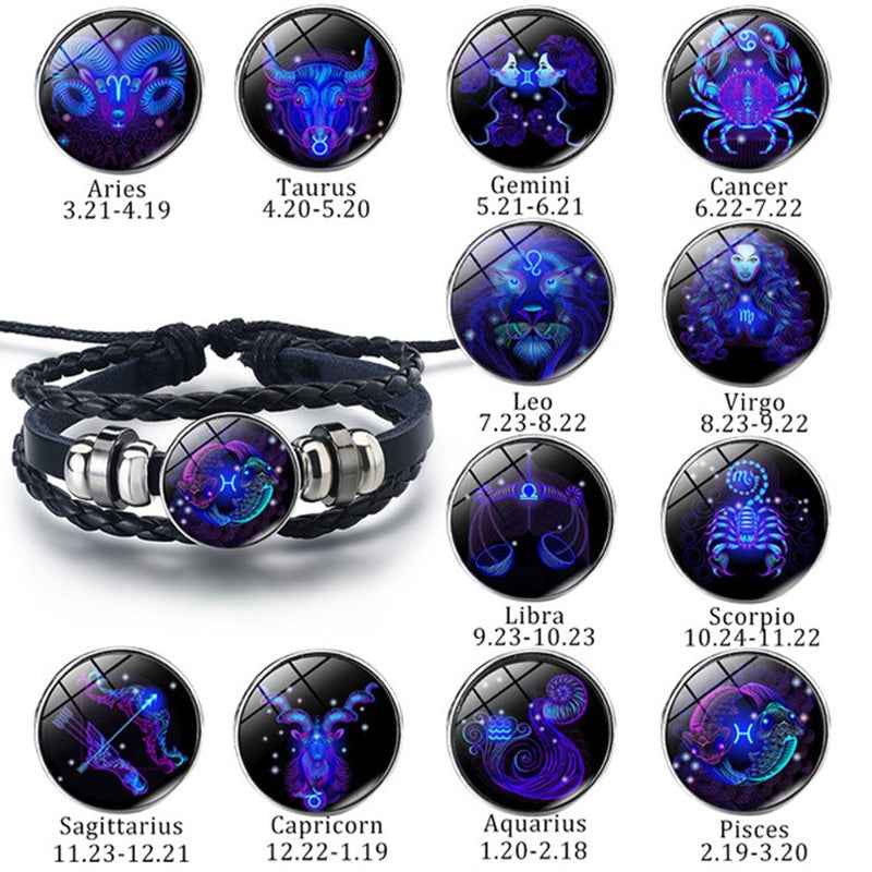 Twelve-Constellation-Luminous-Bracelet-Retro-Leather-Rope-Woven-Bracelet,-Style:-Taurus