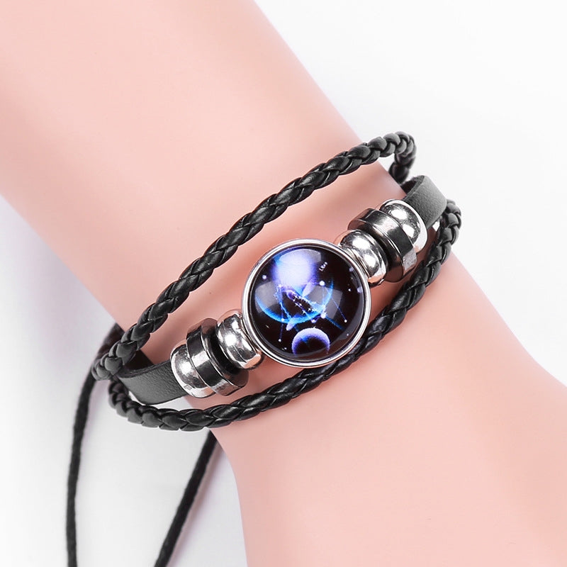 Twelve-Constellation-Luminous-Bracelet-Retro-Leather-Rope-Woven-Bracelet,-Style:-Taurus