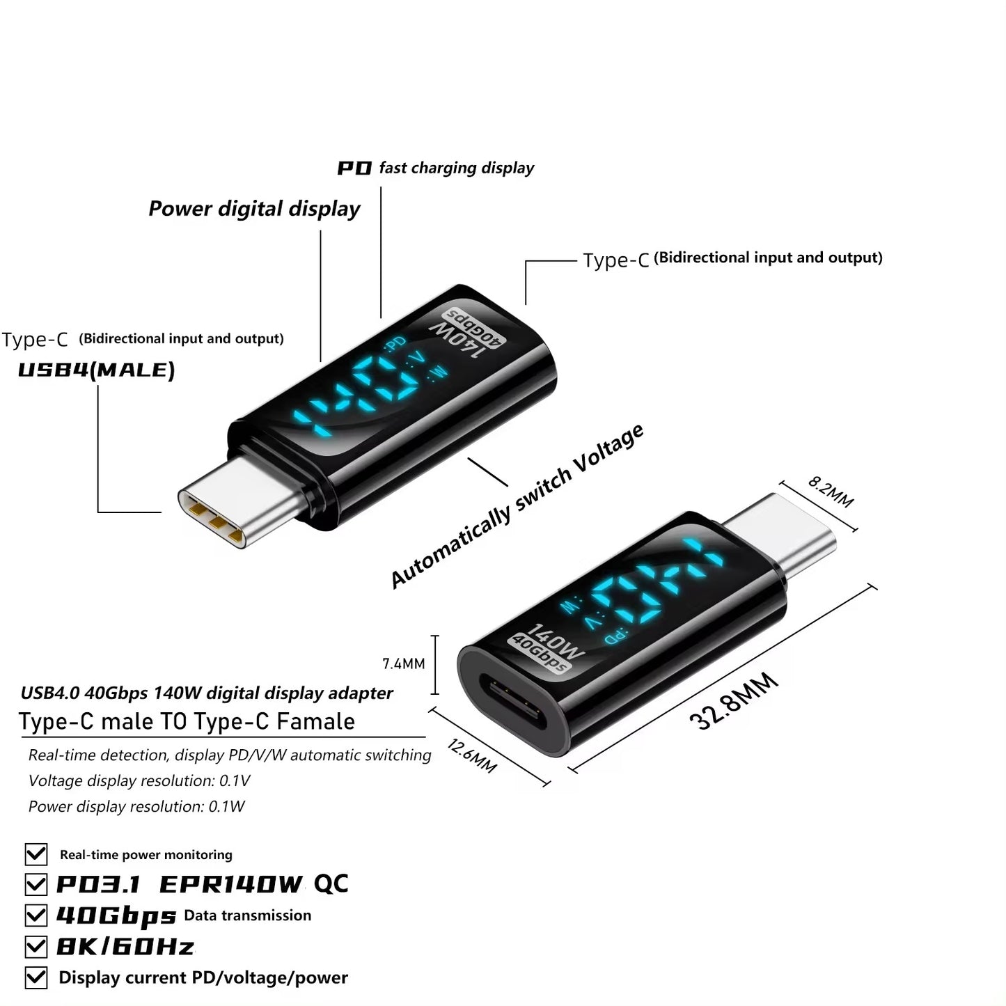 Type-C-Male-to-Type-C-Female-140W-Charging-Adapter-with-Digital-Display(Black)