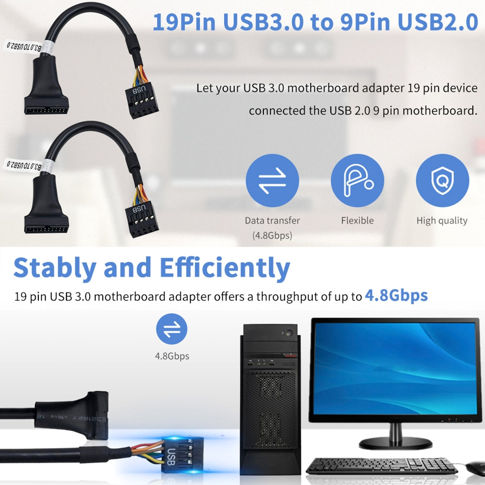 USB-2.0-9Pin-Motherboard-Female-to-USB-3.0-19Pin-Housing-Male-Adapter-Cable,-Length:-15cm(Black)