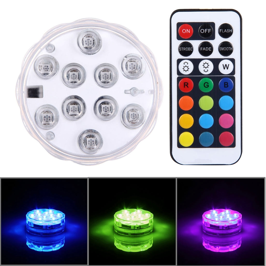 Waterproof-Submersible-LED-Light,-10-LEDs-Cylinder-Remote-Controlled-with-Remote-Controllor,-Remote-Control-Range(in-Open-Area):-24-30-Feet