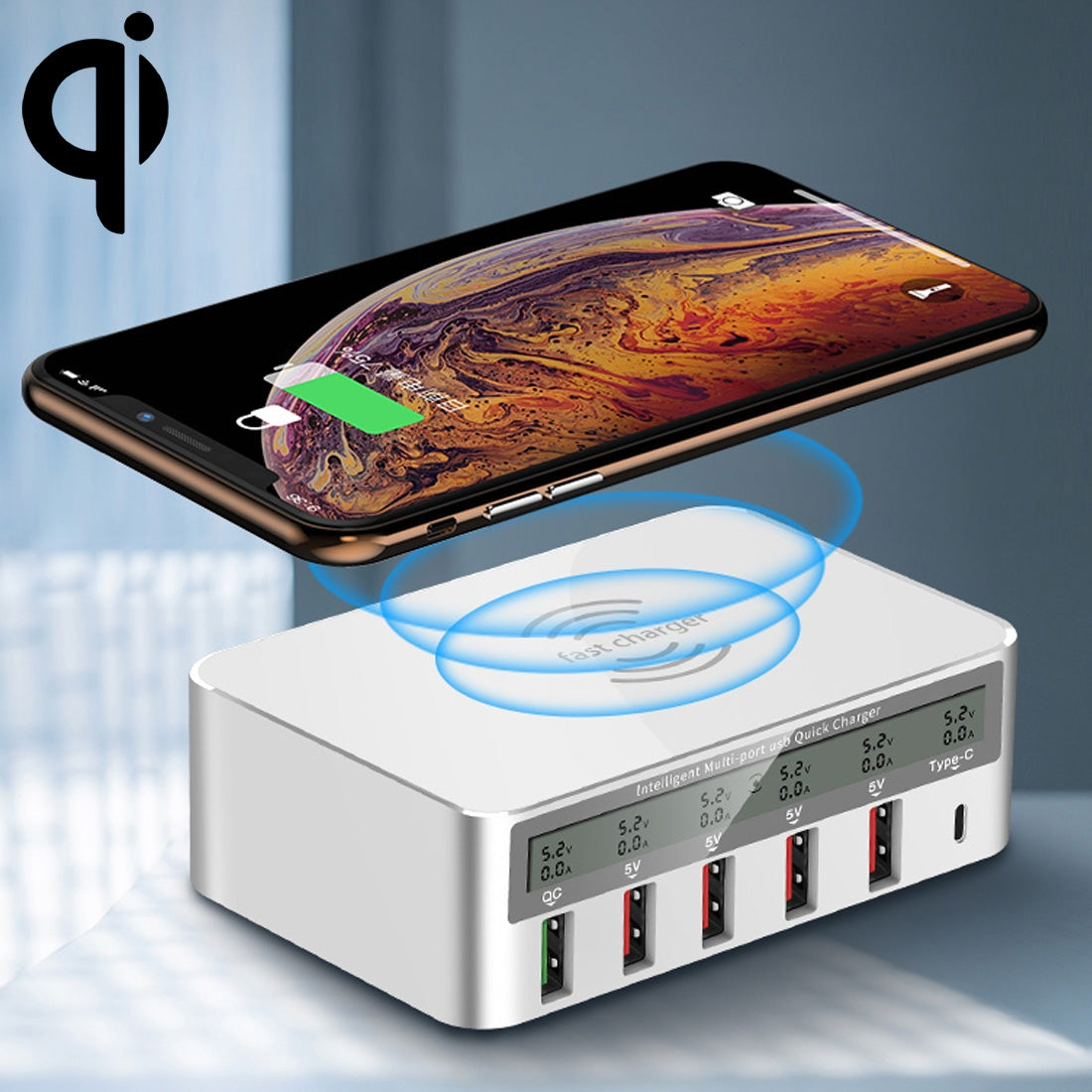WLX-818F-6-in-1-10W-QC3.0-Wireless-Charging-+-USB-C-/-Type-C-+-4-USB-Ports-Charger-with-Smart-LCD-Display-Screen,-EU-/-AU-Plug