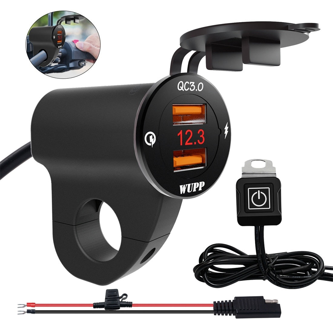 WUPP-ZH-975B3-Motorcycle-Aluminum-Alloy-Waterproof-Mobile-Phone-Double-QC3.0-Quick-Charging-Charger-with-Voltmeter(Black)