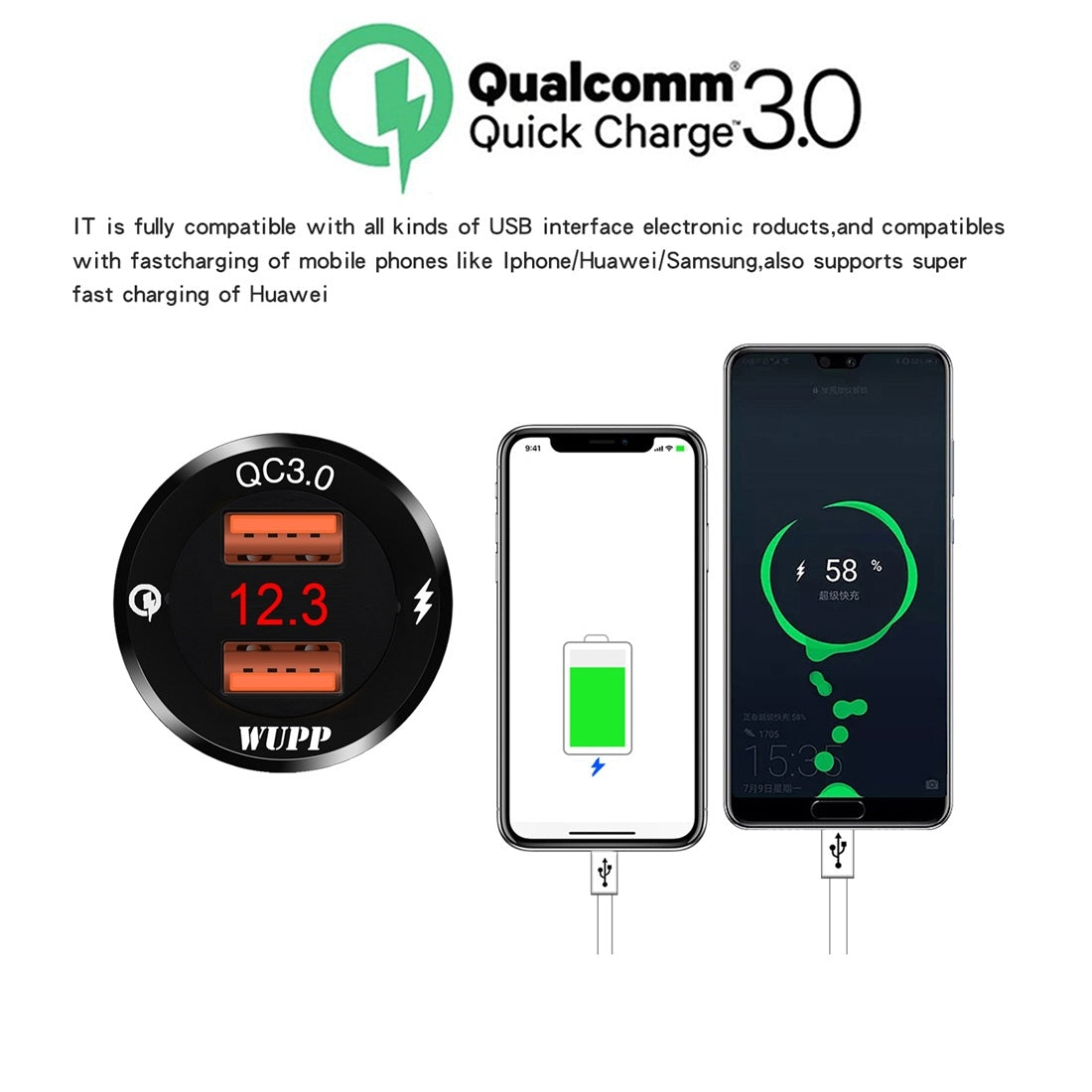 WUPP-ZH-975B3-Motorcycle-Aluminum-Alloy-Waterproof-Mobile-Phone-Double-QC3.0-Quick-Charging-Charger-with-Voltmeter(Black)
