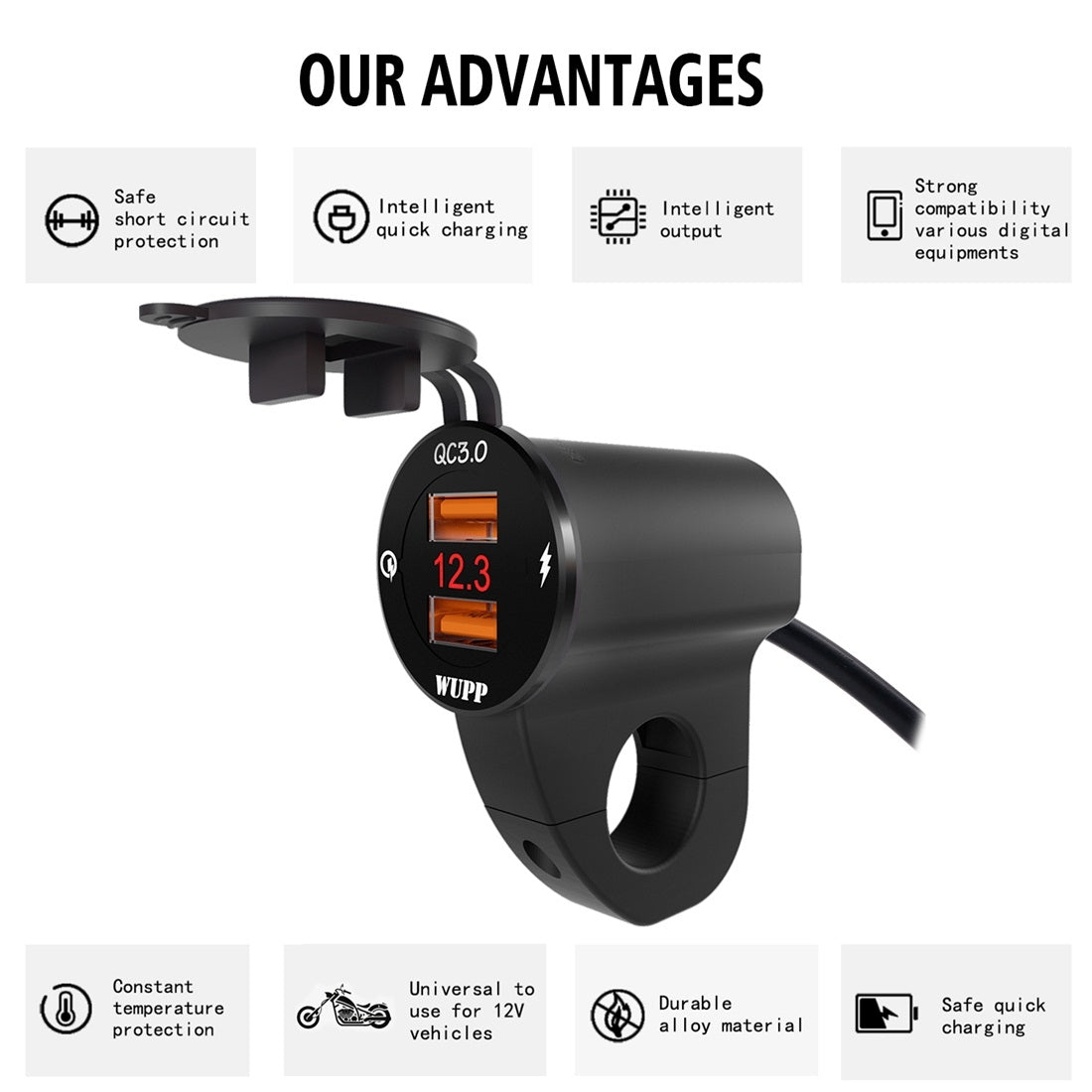 WUPP-ZH-975B3-Motorcycle-Aluminum-Alloy-Waterproof-Mobile-Phone-Double-QC3.0-Quick-Charging-Charger-with-Voltmeter(Black)